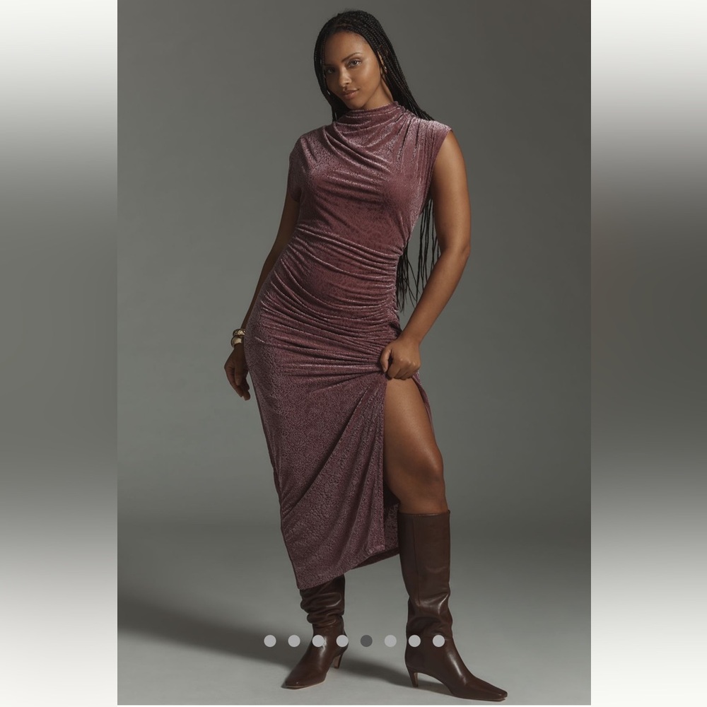 Anthropologie Mauve Metallic Ruched Maxi Dress